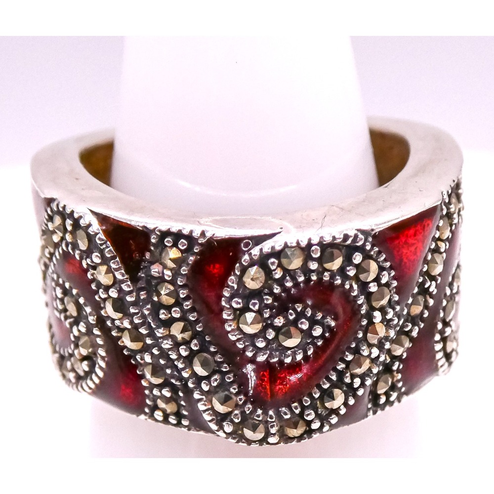 Sterling Silver 925 Red Guilloche Enamel Marcasite Scrolled Ring Sz 7 Vintage